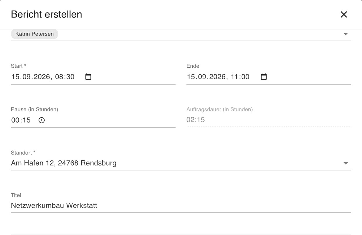 Eingabemaske eines Tätigkeitsberichts mit Durchgeführt von, Start, Ende, Pause, Ressourcen und dem Häkchen für den Leistungsnachweis