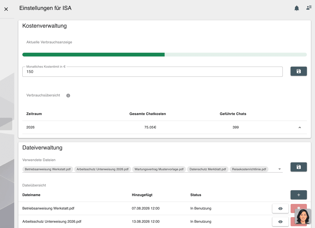 Einstellungsseite von Isa mit der Kostenverwaltung und der Dateiverwaltung samt Liste der verwendeten Dateien