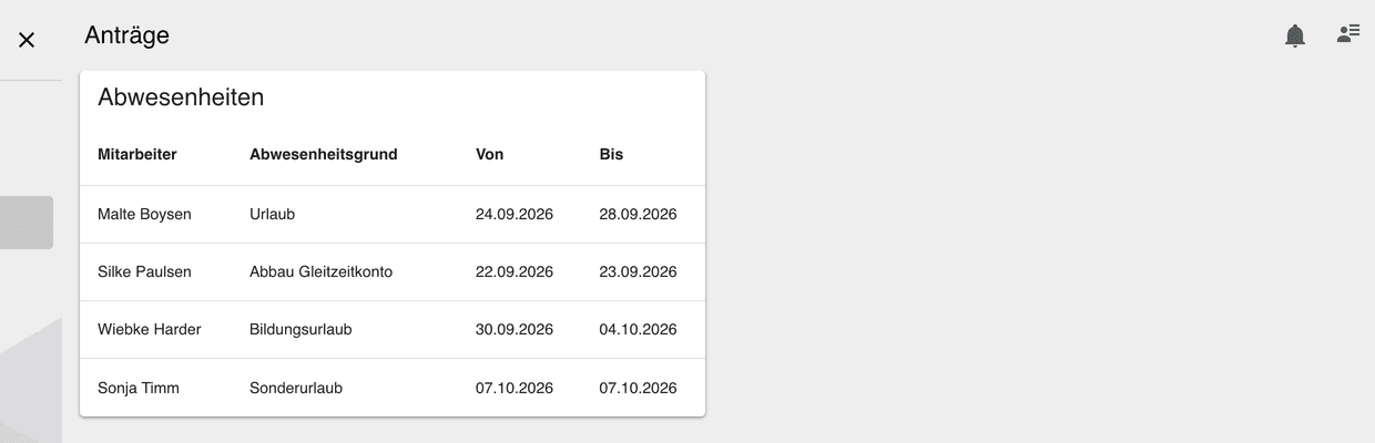 Liste offener Anträge mit Mitarbeitername, Abwesenheitsgrund sowie Von- und Bis-Datum