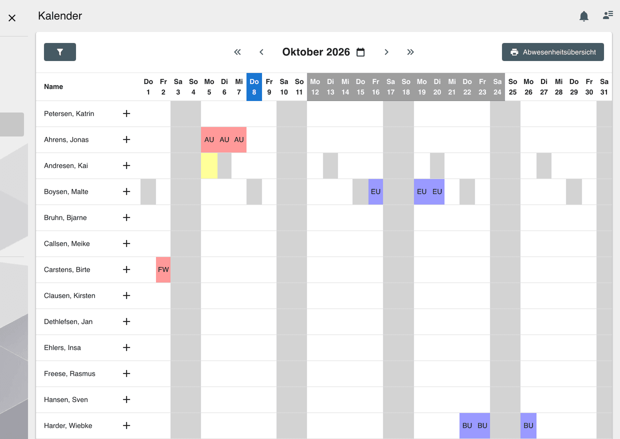 Kalender aus Sicht eines Mitarbeitenden: die eigene Abteilung mit farbig markierten Abwesenheiten