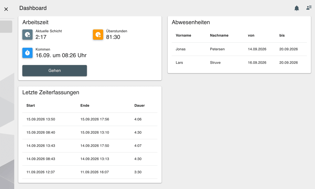 Dashboard eines Mitarbeitenden mit laufender Schicht, Überstundensaldo, der Schaltfläche Gehen und den letzten Zeiterfassungen