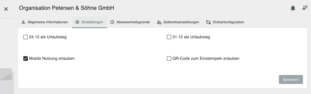 Organisationseinstellungen mit den Schaltern für mobile Nutzung und QR-Code zum Einstempeln